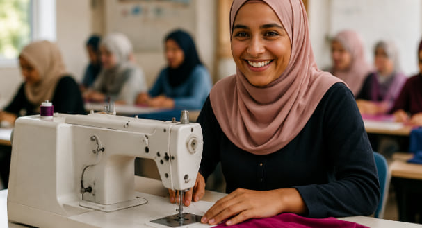 A woman smiling at her sewing machine in a room of women training alongside her.