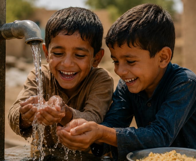 Two boys laughing as they catch running water from a tap in their cupped hands.