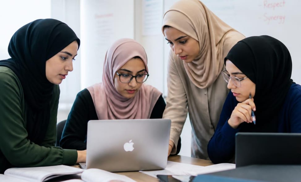 Four women in headscarves gathered around a laptop during a training session.