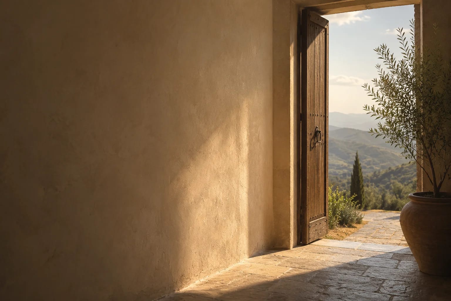 An open wooden door in a sunlit stone wall, looking out over olive trees and hills beyond.